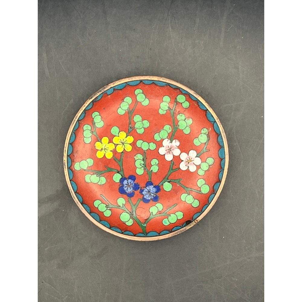 Vtg Chinese Cloisonne Enamel Small Plate Dish Floral China Marked Asian Decor‎